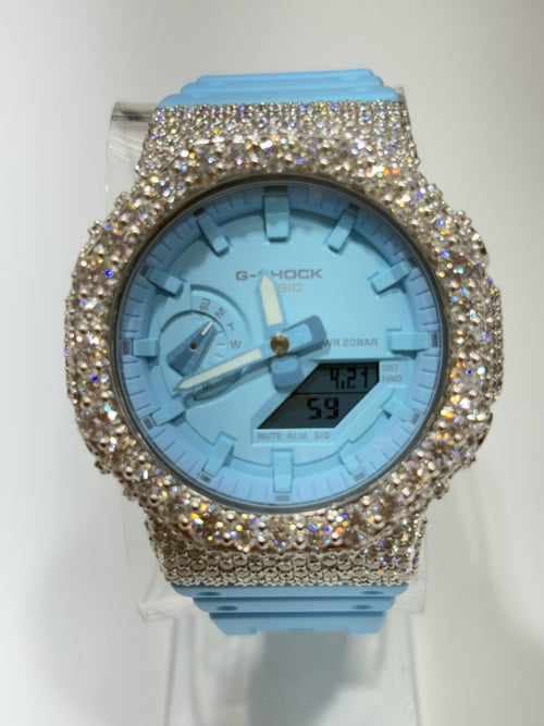 High quality iced out moissanite baby blue g-shock💎
